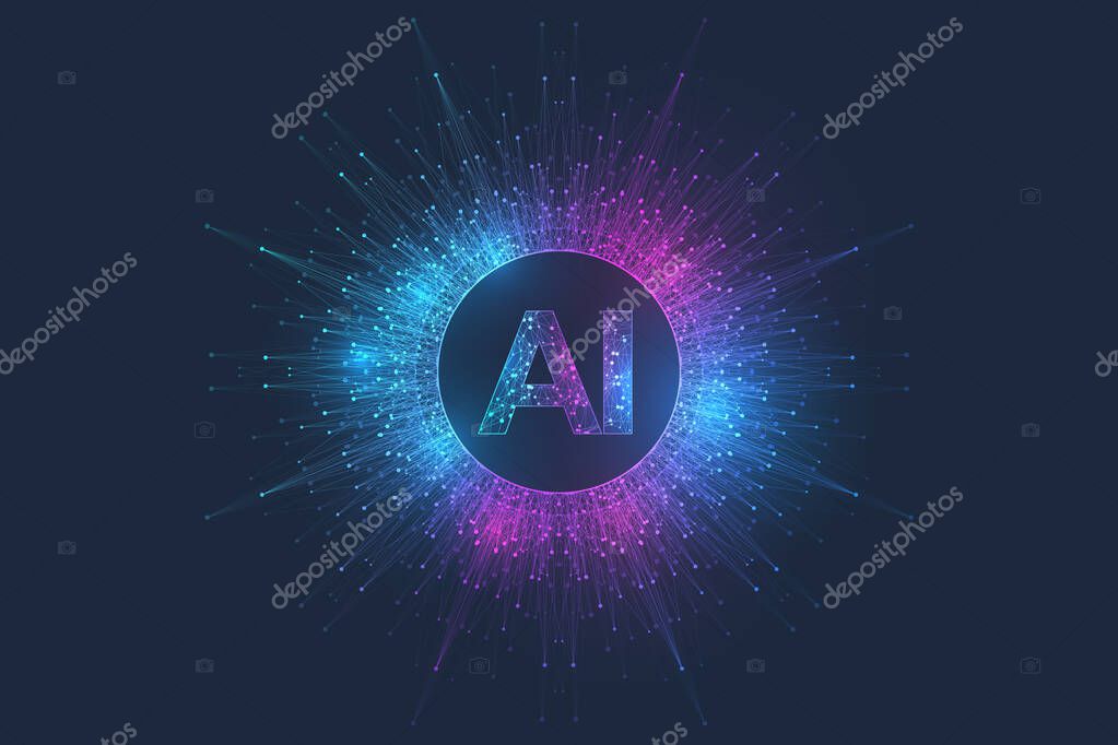 Artificial Intelligence Logo Plexus effect. Artificial Intelligence and Machine Learning Concept. Vector symbol AI. Neural networks and another modern technologies concepts. Technology sci-fi concept