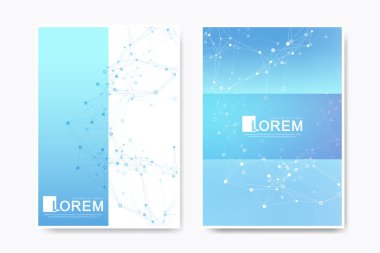 Broşür, broşür, broşür, ilan, kapak, katalog, dergi veya yıllık rapor için modern vektör şablonu. İş, bilim, tıbbi tasarım. Bilimsel sibernetik noktalar. Pleksus hattı. Kart yüzeyi.