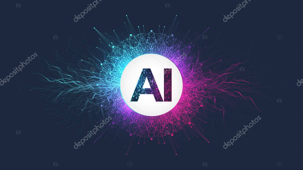 Artificial Intelligence Logo Plexus effect. Artificial Intelligence and Machine Learning Concept. Vector symbol AI. Neural networks and another modern technologies concepts. Technology sci-fi concept
