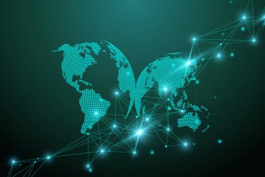 Büyük veri görselleştirmesi. Geometrik soyut arka plan görsel bilgi karmaşıklığı. Fütürist bilgi grafikleri tasarımı. Bağlı çizgi ve noktalar ile teknoloji arka planı, dalga akışı illüstrasyonu