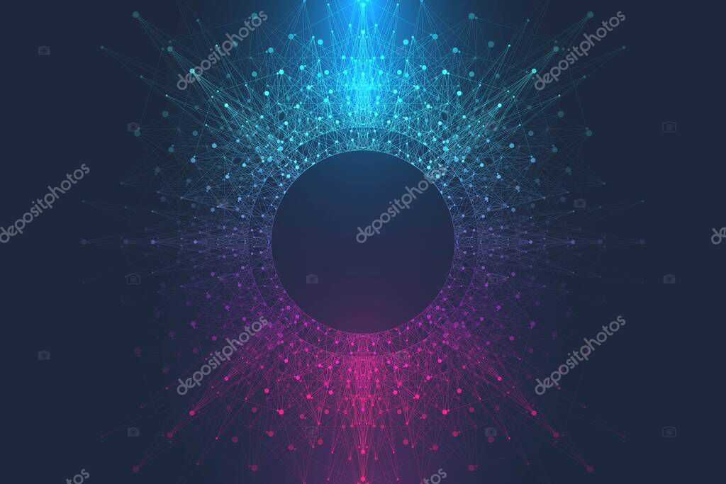 Expansion of life. Colorful explosion background with connected line and dots, wave flow. Visualization Quantum technology. Abstract graphic background explosion, motion burst illustration