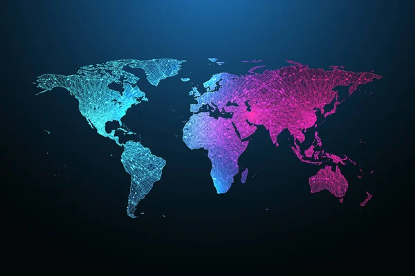 Karta över planeten. Globalt socialt nätverk. Flytande blå plexus geometrisk bakgrund. Internet och teknik. Vektorillustration. — Stock vektor