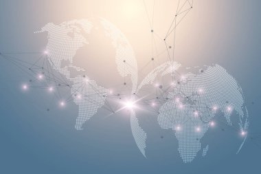 Dünya haritası küresel teknoloji ağı kavramı. Dijital veri görselleştirme. Pleksus hattı. Büyük Data arkaplan iletişimi. Bilimsel illüstrasyon.