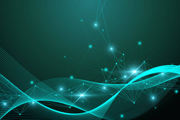 Геометрическая графическая фоновая молекула и связь. Комплекс больших данных с соединениями. Линии сплетения, минимальный массив. Электронная визуализация данных. Научная кибернетическая иллюстрация.