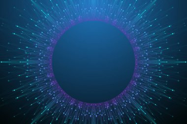 Büyük veri görselleştirmesi. Geometrik soyut arka plan görsel bilgi karmaşıklığı. Fütürist bilgi grafikleri tasarımı. Bağlı çizgi ve noktalar ile teknoloji arka planı, dalga akışı illüstrasyonu