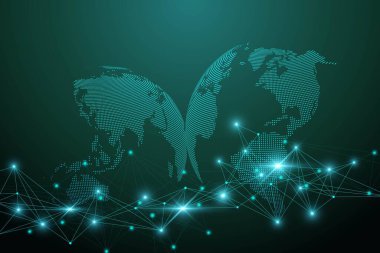 Büyük veri görselleştirmesi. Geometrik soyut arka plan görsel bilgi karmaşıklığı. Fütürist bilgi grafikleri tasarımı. Bağlı çizgi ve noktalar ile teknoloji arka planı, dalga akışı illüstrasyonu