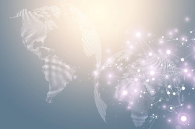 Küresel teknoloji ağı kavramına sahip dünya haritası. Dijital veri görselleştirme. Pleksus hattı. Büyük Data arkaplan iletişimi. Bilimsel illüstrasyon.
