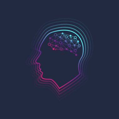 Yapay Zeka ve Makine Öğrenme Çizim Kavramı. Beyni ve illüstrasyonu olan insan kafası.