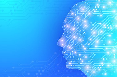 Yapay Zeka ve Makine Öğrenme Çizim Kavramı. Beyni ve illüstrasyonu olan insan kafası.