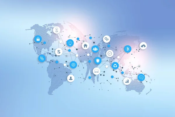 Red de redes sociales y concepto de marketing en los antecedentes de World Map. Concepto de negocio global y tecnología de Internet, Redes analíticas, ilustración. —  Fotos de Stock