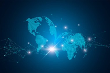 Dünya Küresi ile Sanal Grafik Arkaplan İletişimi. Bilim ve teknoloji anlayışı. Dijital veri görselleştirme, illüstrasyon.