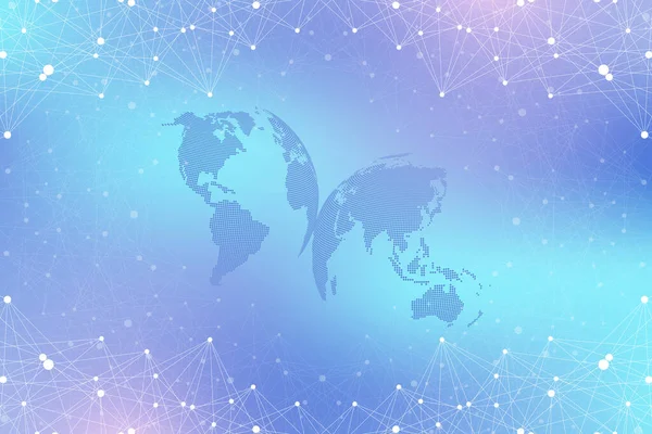 Карта мира с концепцией глобальных технологических сетей. Электронная визуализация данных. Линии сплетения. Общение с большими данными. Научная иллюстрация. — стоковое фото