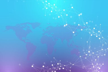 Dünya haritası küresel teknoloji ağı kavramı. Dijital veri görselleştirme. Pleksus hattı. Büyük Data arkaplan iletişimi. Bilimsel illüstrasyon.
