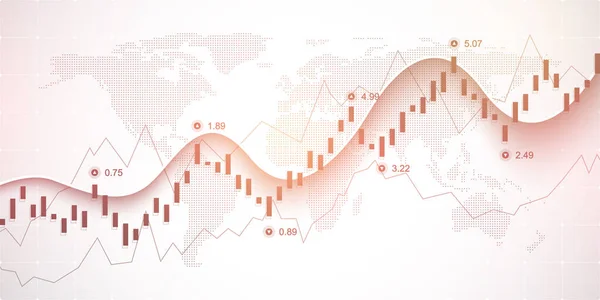 Abstrakcyjny wykres finansowy z wykresem linii uptrend i mapę świata na czarno-białym tle koloru. Wykres wykresu Business Candle stick giełdowego obrotu inwestycyjnego. Ilustracja wektora — Wektor stockowy