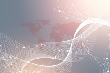 Kuantum bilgisayar teknolojisi konsepti. Derin öğrenme yapay zekası. İş, bilim ve teknoloji için büyük veri algoritmaları. Dalgalar akar, çizimler.