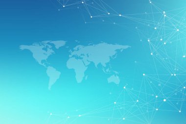 Dünya haritası küresel teknoloji ağı kavramı. Dijital veri görselleştirme. Pleksus hattı. Büyük Data arkaplan iletişimi. Bilimsel illüstrasyon.