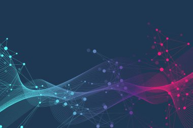 Renkli moleküllerin arka planı. DNA sarmalı, DNA ipliği, DNA testi. Molekül ya da atom, nöronlar. Bilim ya da tıbbi altyapı için soyut bir yapı, afiş. Bilimsel illüstrasyon.