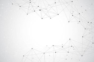 Büyük veri görselleştirmesi. Geometrik soyut arka plan görsel bilgi karmaşıklığı. Fütürist bilgi grafikleri tasarımı. Bağlı çizgi ve noktalar ile teknoloji arka planı, dalga akışı illüstrasyonu