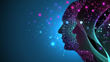 Dijital Beyin, Sinirsel Ağ ve Büyük Veri İşleme, Makine Öğrenme kavramına sahip yapay zeka. Mavi arkaplanda ikili veri akışı, illüstrasyon.