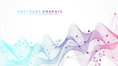 Bağlı çizgiler ve noktalarla geometrik soyut arkaplan akışı. Bağlantı noktası. Molekül ve iletişim geçmişi. Tasarımınız için grafiksel bağlantı arka planı. Vektör illüstrasyonu.