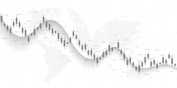 Cuadro financiero abstracto con gráfico de línea de tendencia alcista y mapa mundial en fondo de color blanco y negro. Gráfico de barra de vela de negocios gráfico de trading de inversión bursátil. Ilustración vectorial — Archivo Imágenes Vectoriales