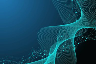 Yaşamın genişlemesi. Renkli patlama arkaplanı, birbirine bağlı çizgi ve noktalar, dalga akışı. Görselleştirme Kuantum teknolojisi. Soyut grafik arkaplan patlaması, hareket patlaması illüstrasyonu.