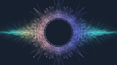 Kuantum bilgisayar teknolojisi afişi tasarım şablonu konsepti. Derin öğrenme yapay zekası. İş, bilim ve teknoloji için büyük veri algoritmaları. Dalgalar akar, çizimler.