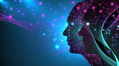 Dijital Beyin, Sinirsel Ağ ve Büyük Veri İşleme, Makine Öğrenme kavramına sahip yapay zeka. Mavi arkaplanda ikili veri akışı, illüstrasyon