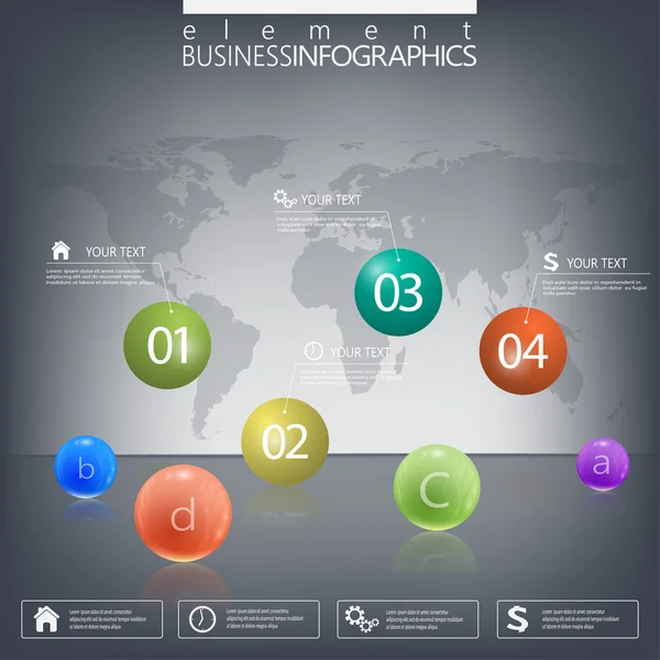 Modern design infographic 3d glossy ball elements template on dark background — Stock Vector