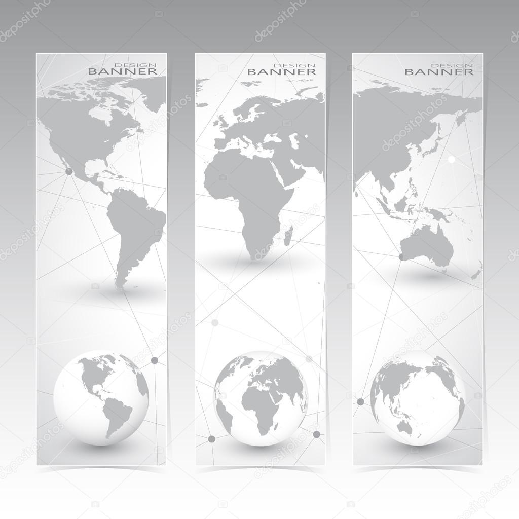 Collection vertical banner design. World Map and globes. Molecule and Communication background. Vector illustration