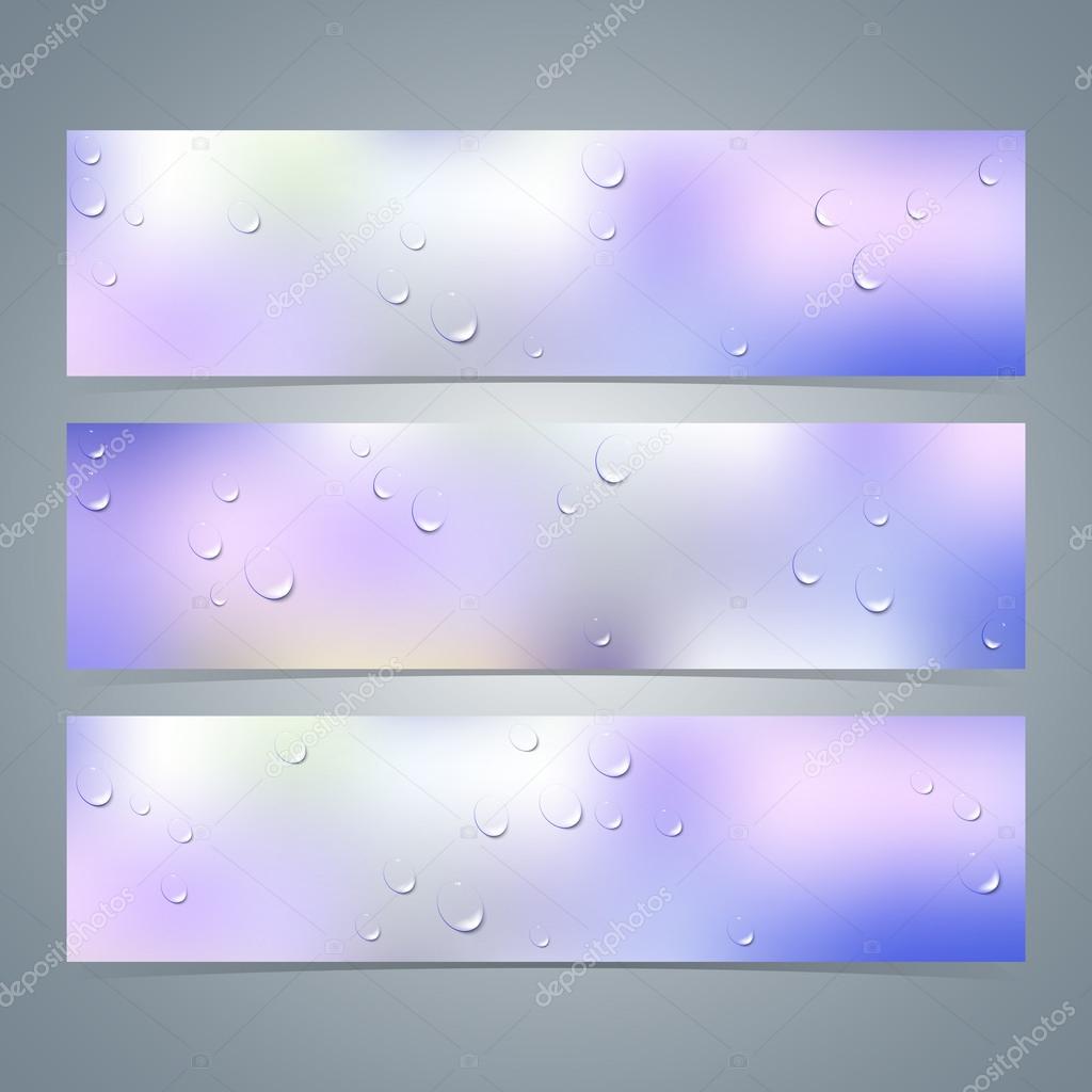 Set of horizontal colorful banners with  water drops on glass. Vector illustration