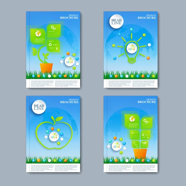 Conjunto vectorial moderno de folletos en el estilo de infografías verdes para su diseño — Vector de stock