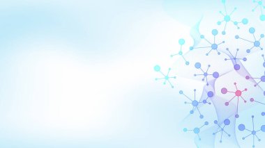 Renkli moleküllerin arka planı. DNA sarmalı, DNA ipliği, DNA testi. Molekül ya da atom, nöronlar. Bilim ya da tıbbi altyapı için soyut bir yapı, afiş. Bilimsel illüstrasyon