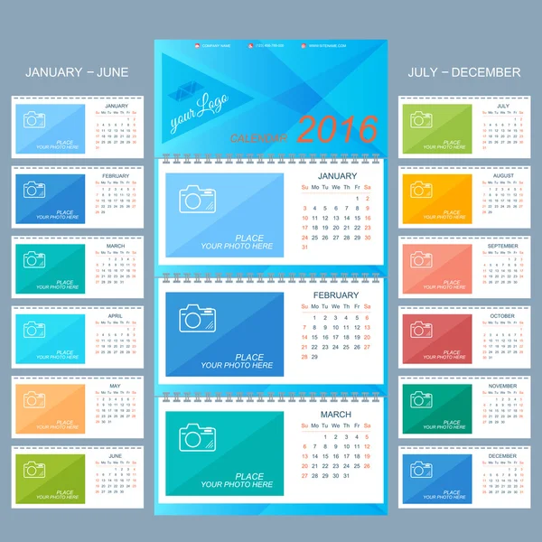 Calendario de pared 2016 años. Plantilla de diseño vectorial con lugar para su foto. Conjunto de 12 meses — Vector de stock