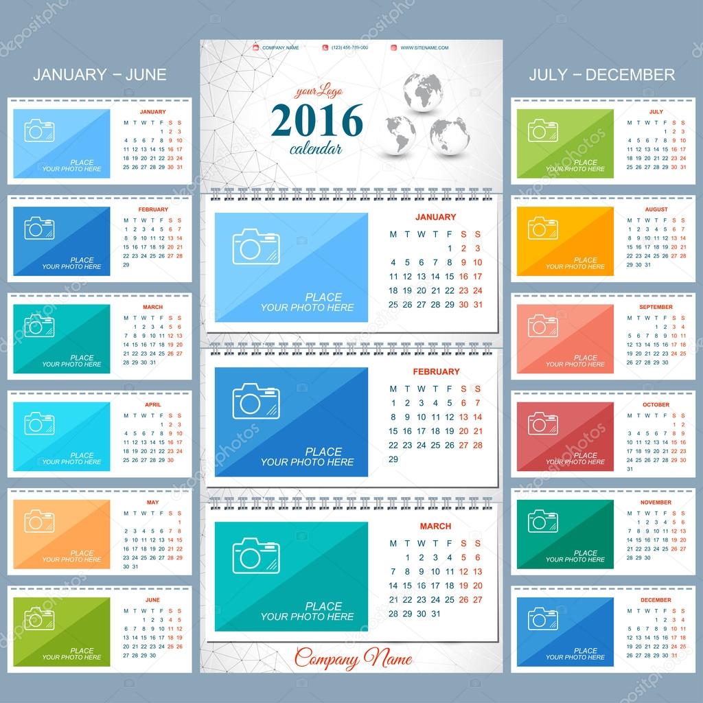 Wall calendar 2016 years . Vector design template with place for your photo. Set of 12 Months