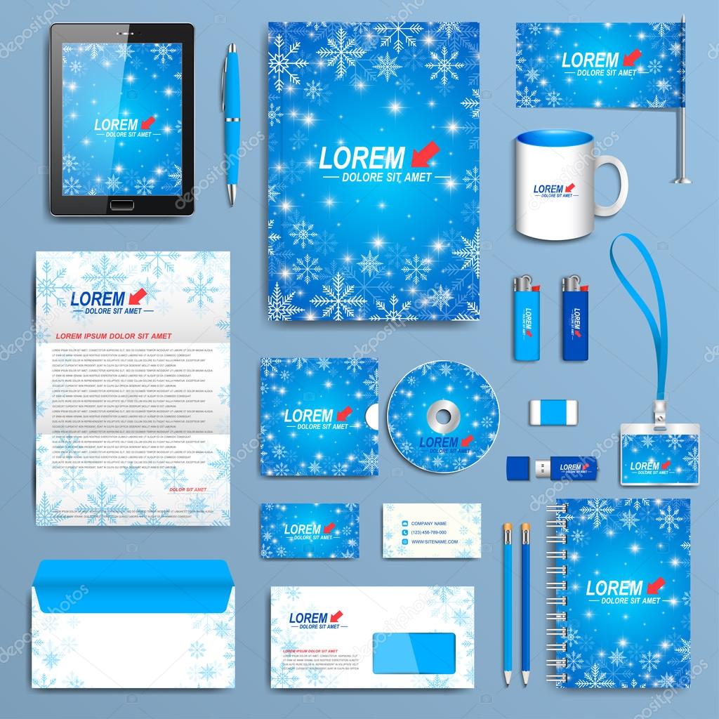 Set of vector corporate identity template. Modern business stationery design. New Years blue design with golden snowflakes