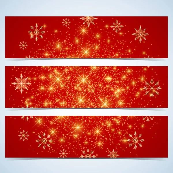 Happy New Year Banners. Rode achtergrond met gouden sneeuwvlokken. Moderne ontwerpsjabloon vector — Stockvector