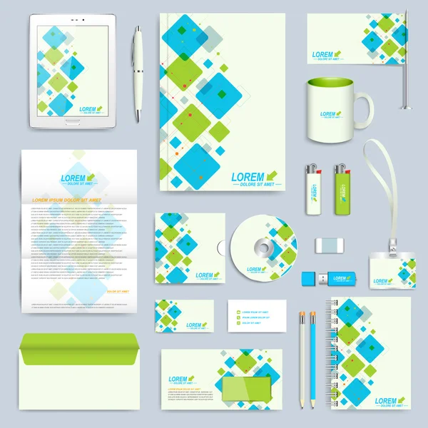 Satz von Vektor-Corporate Identity-Vorlage. moderne Geschäftsschreibwaren-Attrappe. Branding Design mit blauen und grünen quadratischen Formen — Stockvektor