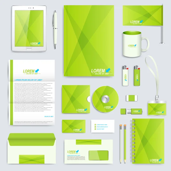 Conjunto de plantilla de identidad corporativa vectorial. Moderna maqueta de papelería de negocios. Diseño de marca en el stile verde — Vector de stock