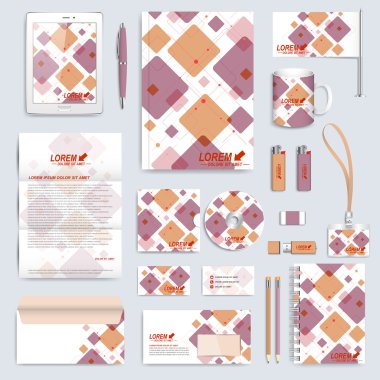 Vektör kurumsal kimlik şablon kümesi. Modern iş kırtasiye mock-up. Tasarım kare şekilleri ile marka
