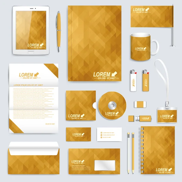 Golden set of vector corporate identity template. Modern business stationery mock-up. Background with gold triangles. Branding design — 스톡 벡터