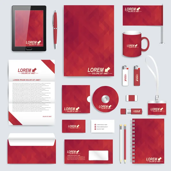 Set of vector corporate identity template. Modern business stationery mock-up. Background with dark red triangles. Branding design — Διανυσματικό Αρχείο