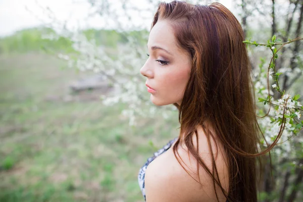 Kızıl saçlı Bayan bahar meyve bahçesi