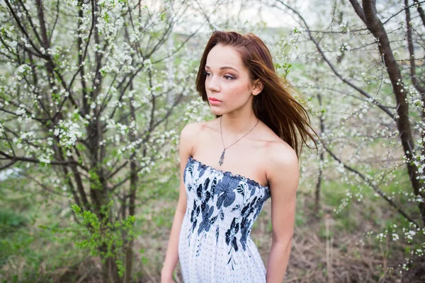 Kızıl saçlı Bayan bahar meyve bahçesi