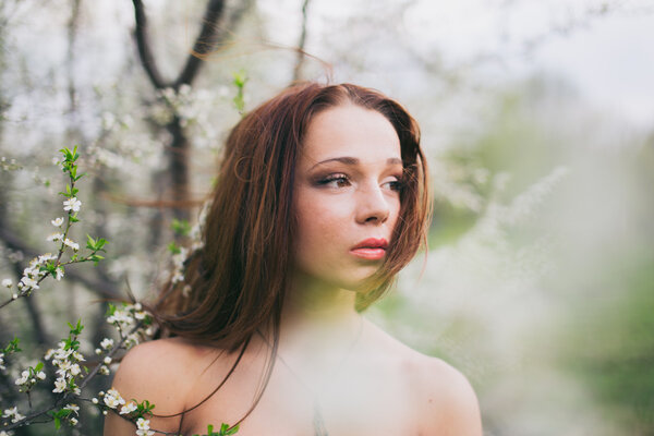 Portrait of a red-haired young woman in spring orchard between blooming cherry trees
