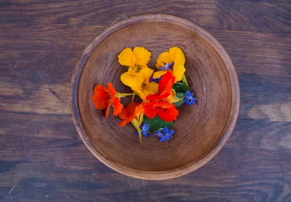 Colorful edible flowers in clay bowl on wooden background. Bright nasturtium flowers with leaves and borage — Stock Photo, Image