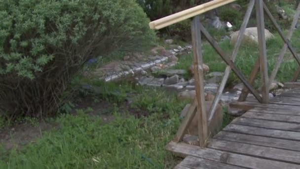 Wooden bridge. Garden design. — Stock Video