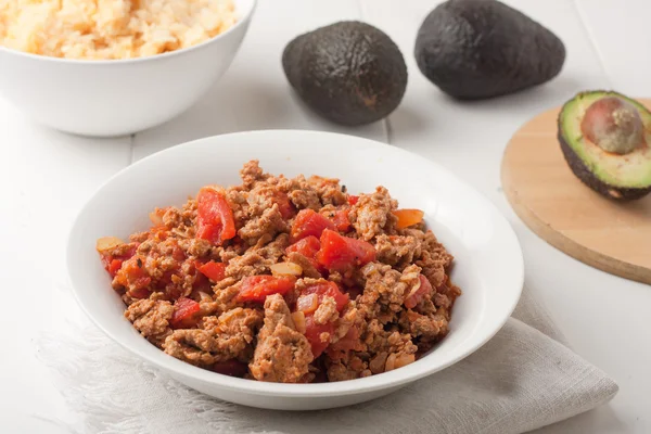 Fried ground meat with tomatoes for tacos — Stock Photo, Image