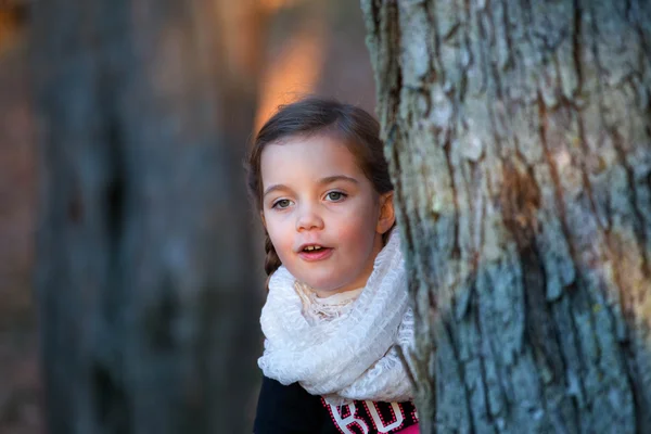 Uma menina está brincando esconde-esconde na floresta escondendo atrás de uma árvore — Fotografia de Stock