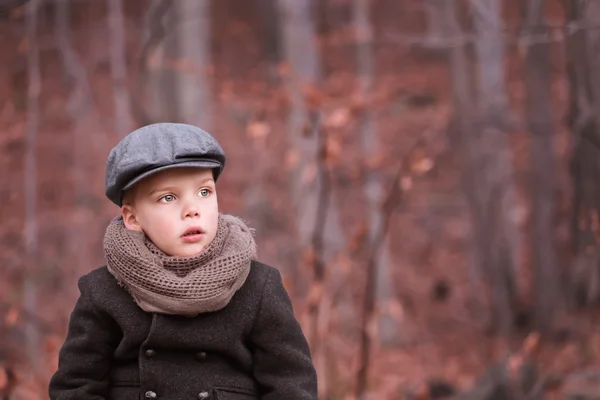 A toddler boy dressed warm looking ahead and thinking — Stock Photo, Image